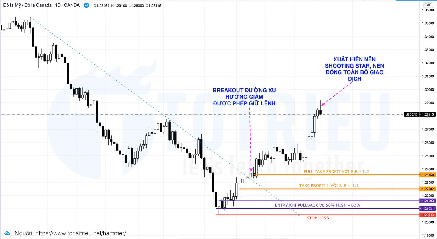 Ví dụ minh hoạ giao dịch với nến Hammer kết hợp Pullback