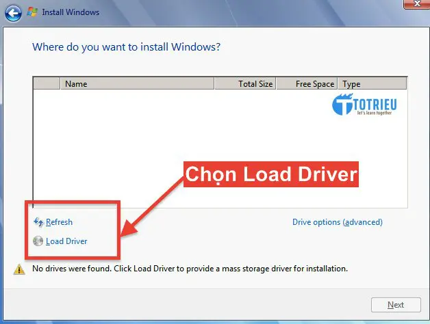 Chọn Load Driver để tiếp tục cài đặt VPS Windows