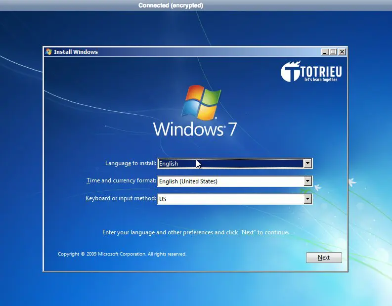 Màn hình cài đặt Windows 7 trên VPS Vultr