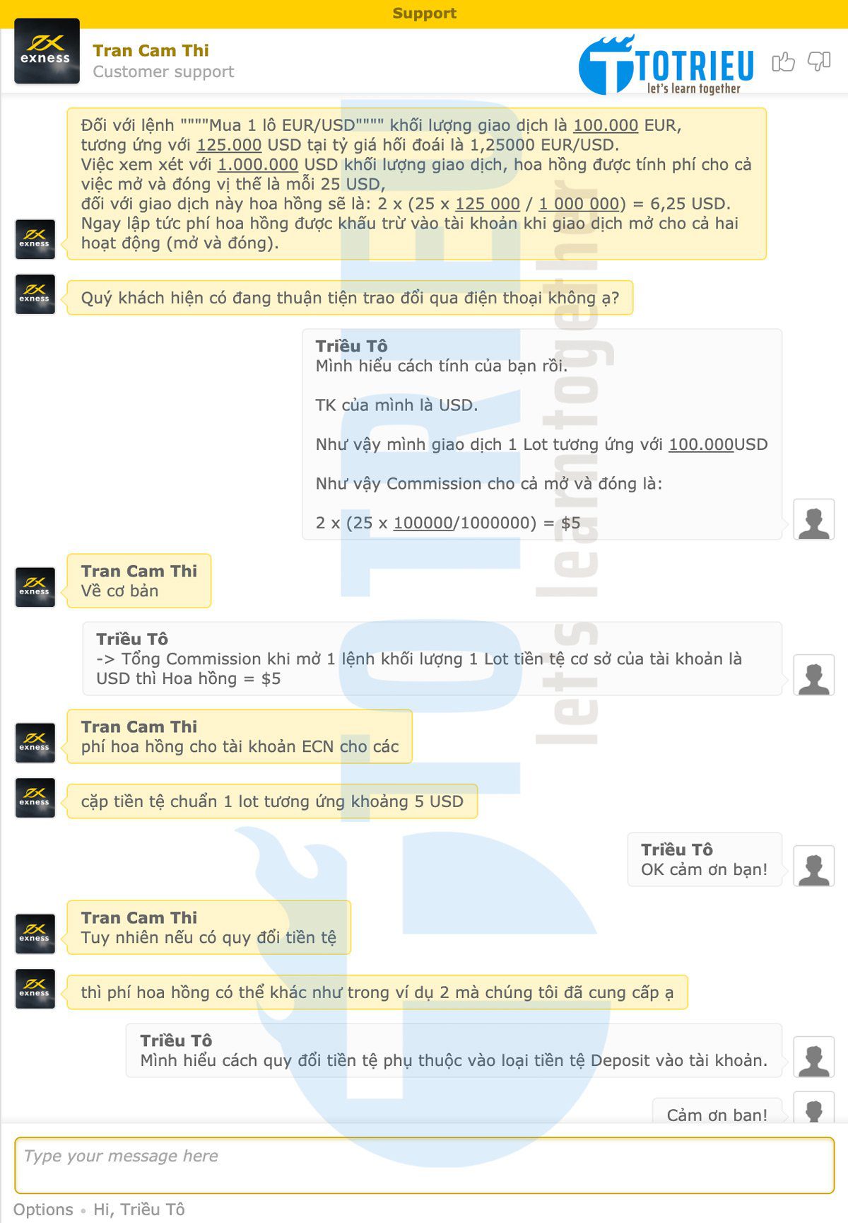 Hỗ trợ Exness trả lời về Commission tài khoản Forex MT4 ECN