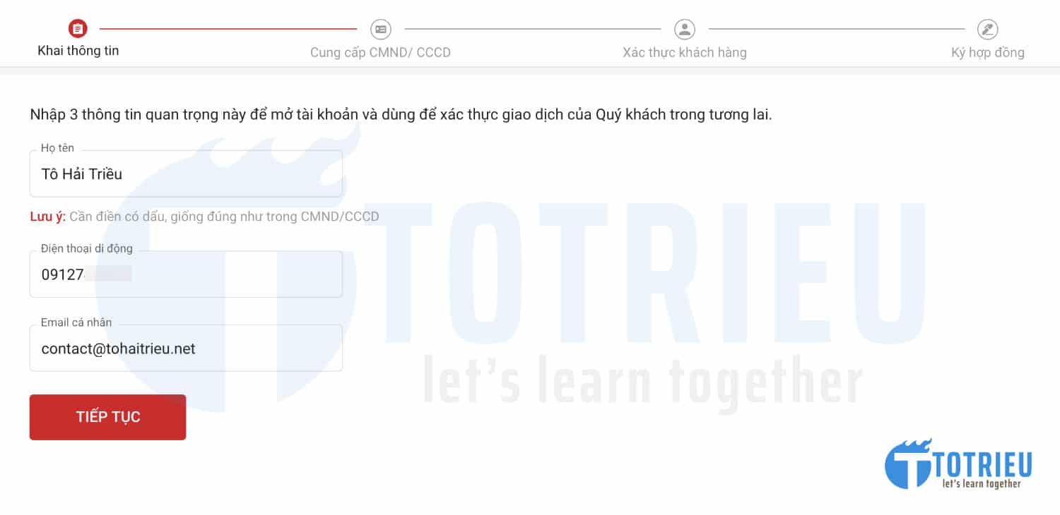 Nhập thông tin cá nhân để mở tài khoản đầu tư tại Techcombank Security