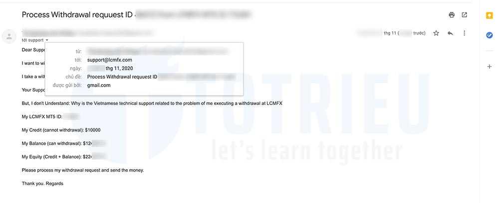 Email Yêu cầu LCMFX Hỗ trợ rút tiền đã không được phản hồi