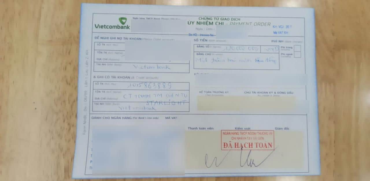 Giấy chuyển tiền vào tài khoản LCMFX thông qua công ty TNHH TM Điện Tử Starlight
