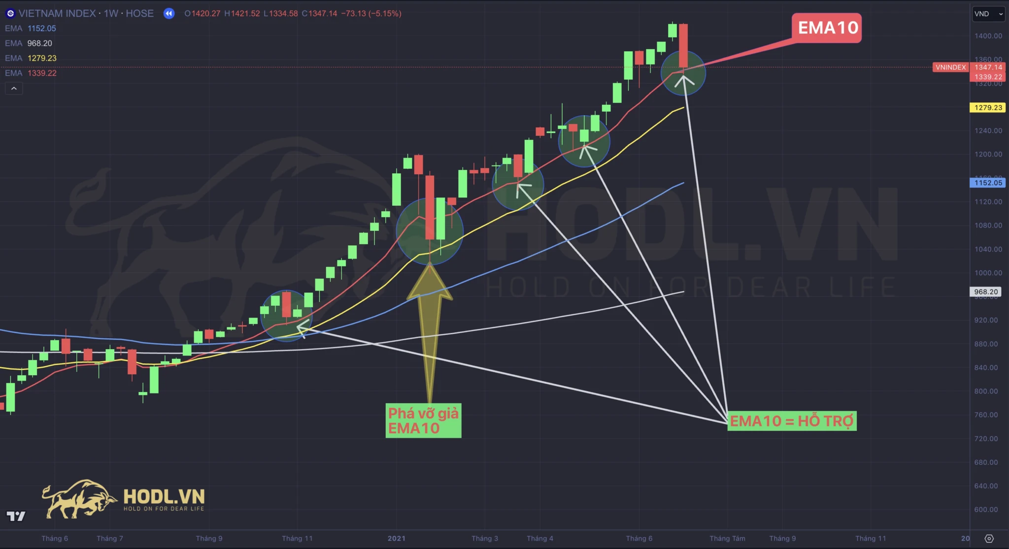 Vai trò EMA10 trong xu hướng tăng trên Chỉ báo VNINDEX