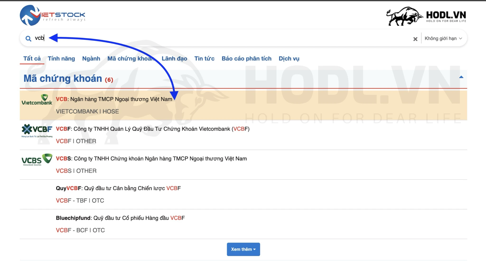 Tìm mã chứng khoán trên Vietstock