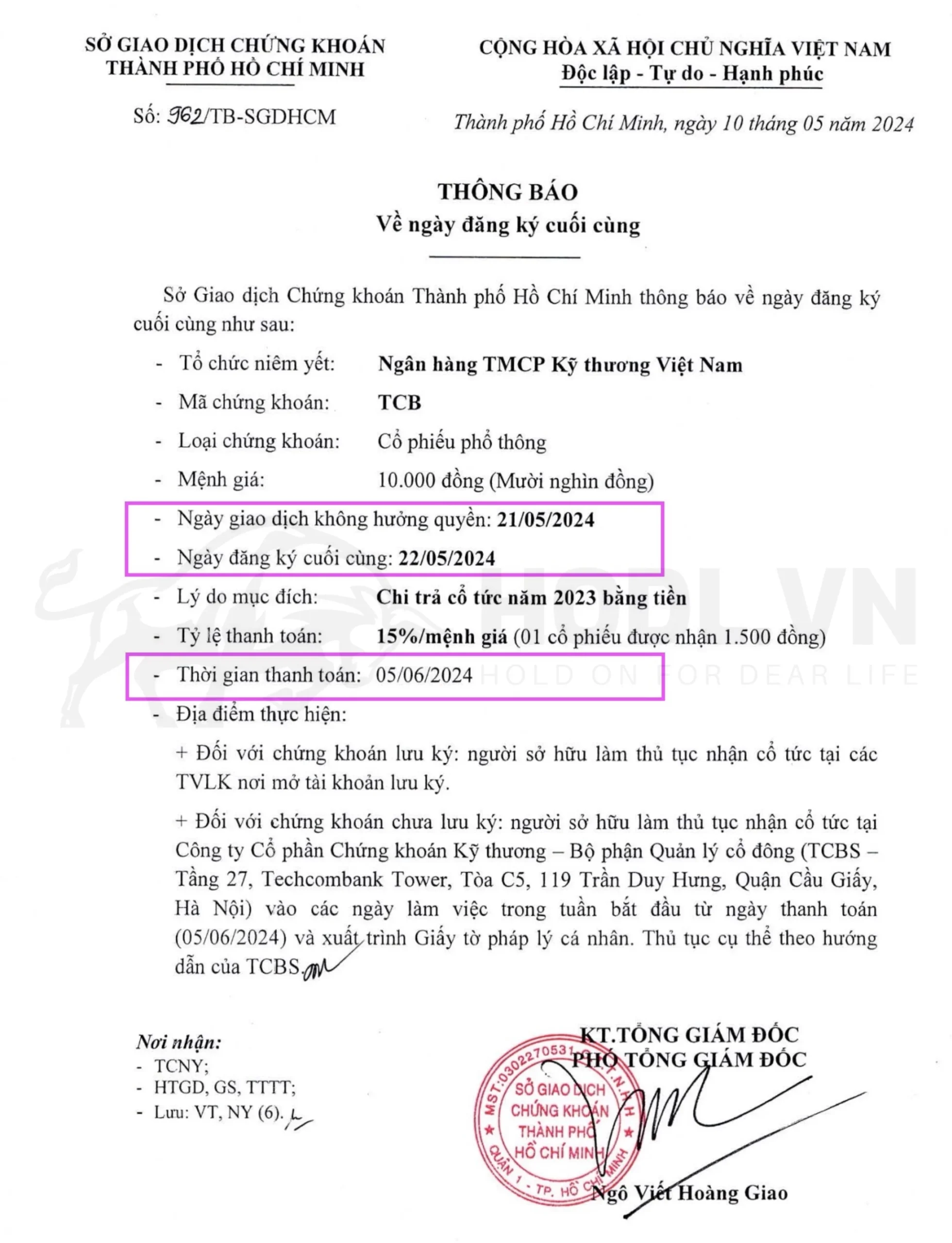 Thông báo chi trả cổ tức cổ phiếu TCB - Ngân hàng TMCP Kỹ thương Việt Nam