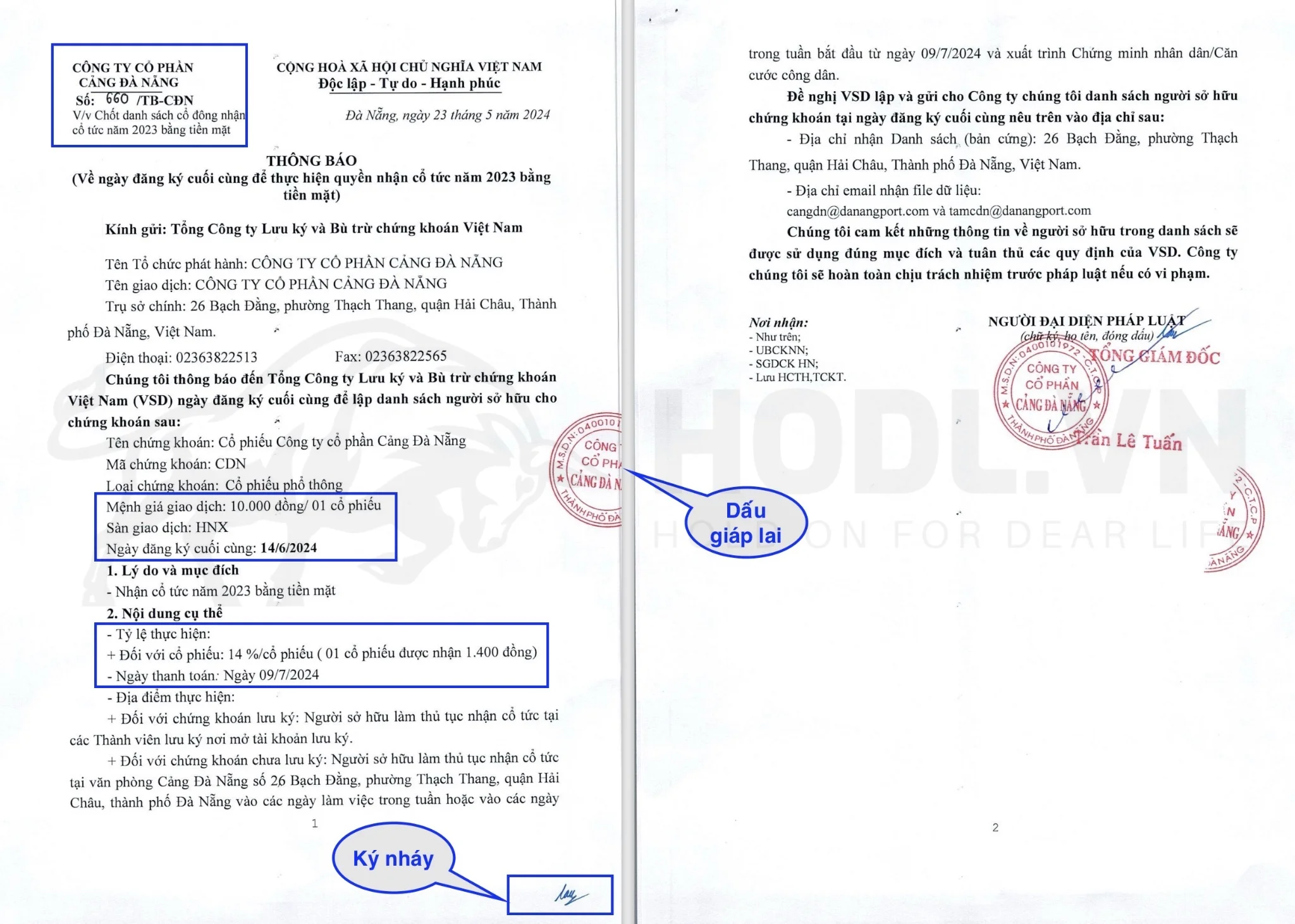 Thông báo chi trả cổ tức từ HĐQT CTCP Cảng Đà Nẵng - CDN